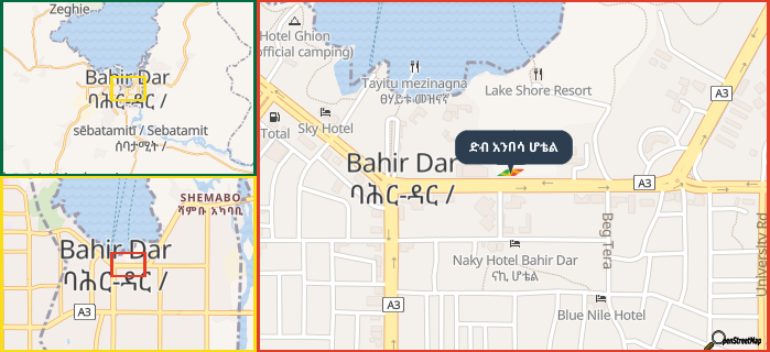 Map showing the address of ድብ አንበሳ ሆቴል in three different zoom levels.