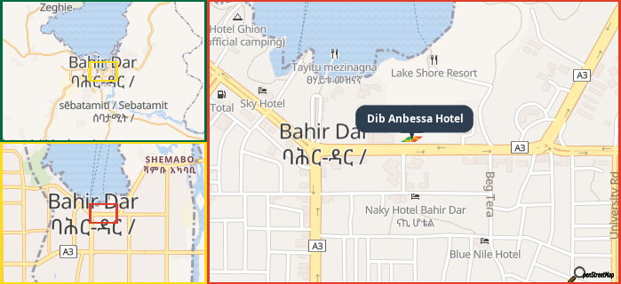 Map showing the address of Dib Anbessa Hotel in three different zoom levels.