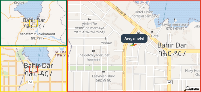 Map showing the address of Arega hotel in three different zoom levels.
