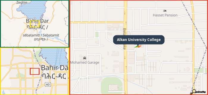 Map showing the address of Alkan University College in three different zoom levels.