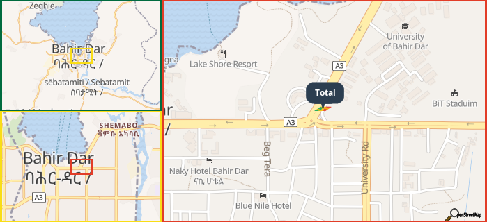 Map showing the address of Total in three different zoom levels.