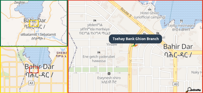 Map showing the address of Tsehay Bank Ghion Branch in three different zoom levels.