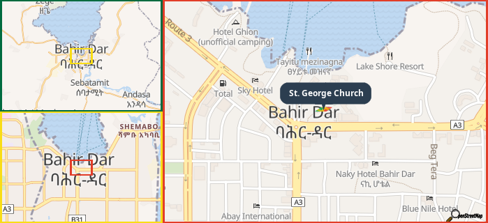 Map showing the address of St. George Church in three different zoom levels.