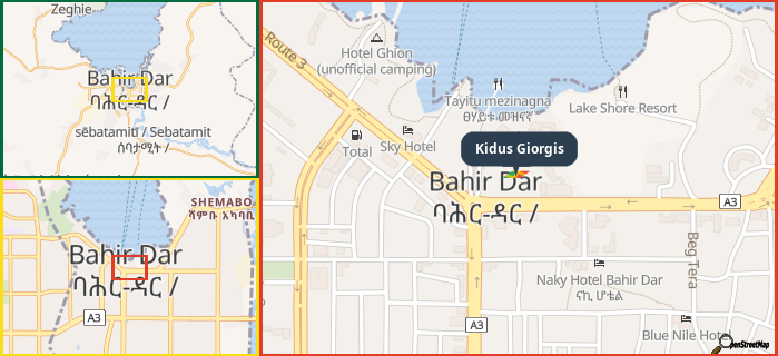 Map showing the address of Kidus Giorgis in three different zoom levels.