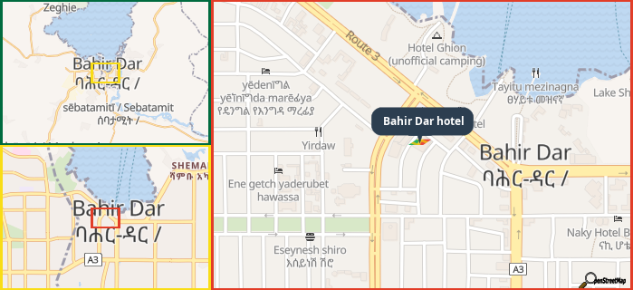Map showing the address of Bahir Dar hotel in three different zoom levels.
