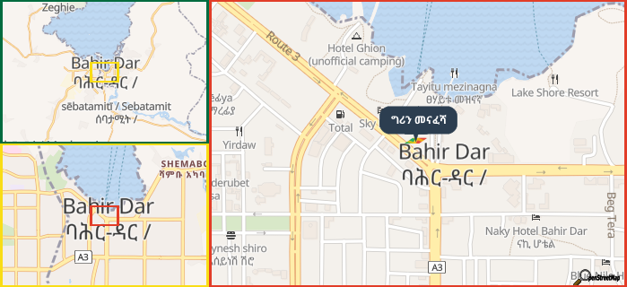 Map showing the address of ግሪን መናፈሻ in three different zoom levels.
