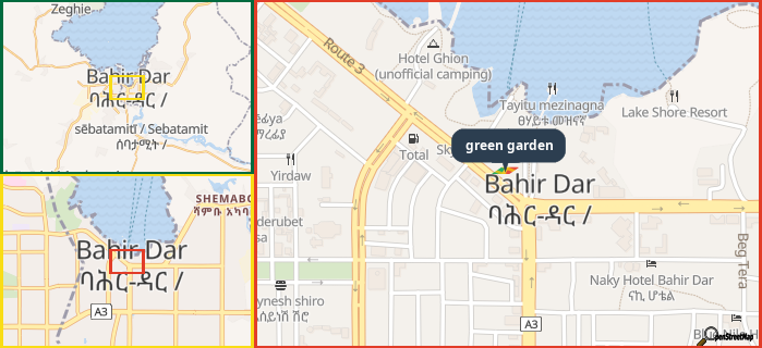 Map showing the address of green garden in three different zoom levels.