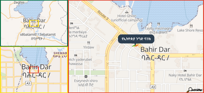 Map showing the address of የኢትዮጵያ ንግድ ባንክ in three different zoom levels.