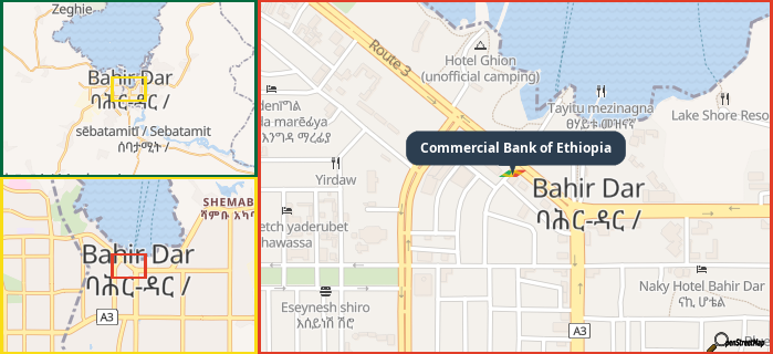 Map showing the address of Commercial Bank of Ethiopia in three different zoom levels.