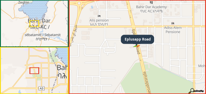 Map showing the address of Eplusapp Road in three different zoom levels.