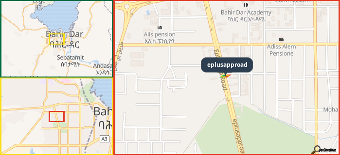 Map showing the address of eplusapproad in three different zoom levels.
