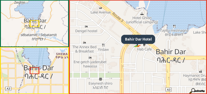 Map showing the address of Bahir Dar Hotel in three different zoom levels.