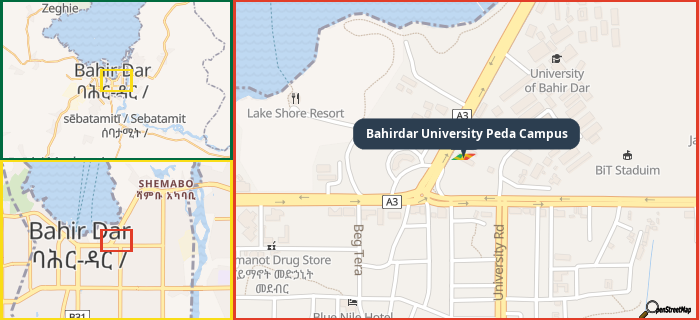 Map showing the address of Bahirdar University Peda Campus in three different zoom levels.