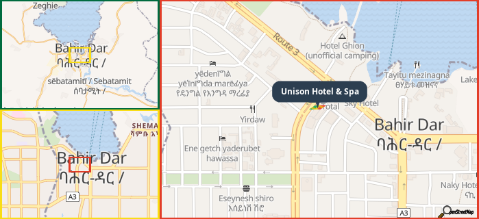 Map showing the address of Unison Hotel & Spa in three different zoom levels.