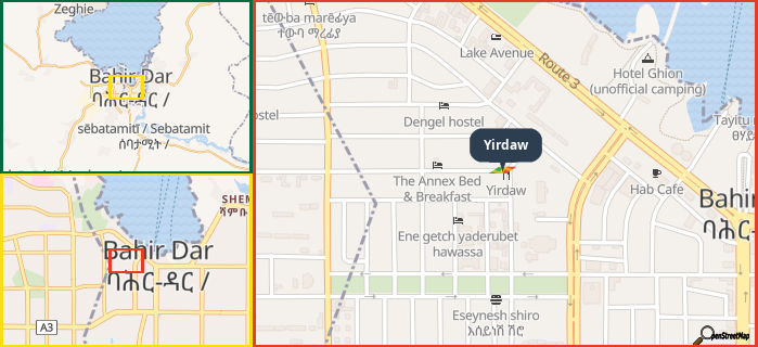 Map showing the address of Yirdaw in three different zoom levels.