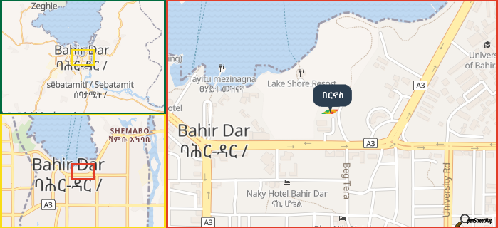 Map showing the address of በርኖስ in three different zoom levels.