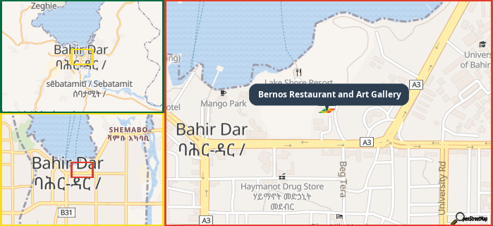 Map showing the address of Bernos Restaurant and Art Gallery in three different zoom levels.