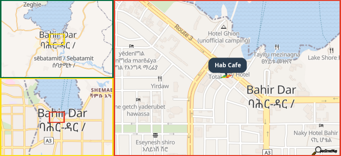 Map showing the address of Hab Cafe in three different zoom levels.