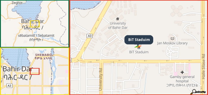 Map showing the address of BiT Staduim in three different zoom levels.