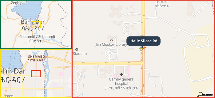 Map showing the address of Haile Silase Rd in three different zoom levels.