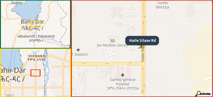 Map showing the address of Haile Silase Rd in three different zoom levels.