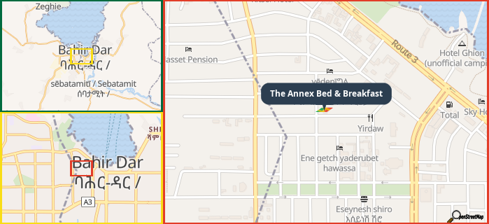 Map showing the address of The Annex Bed & Breakfast in three different zoom levels.