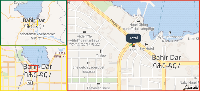 Map showing the address of Total in three different zoom levels.