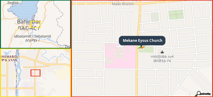 Map showing the address of Mekane Eysus Church in three different zoom levels.