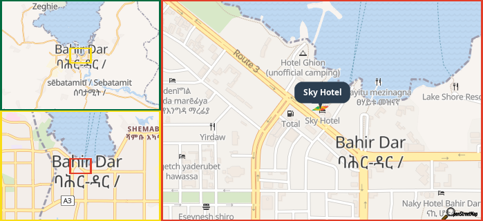 Map showing the address of Sky Hotel in three different zoom levels.