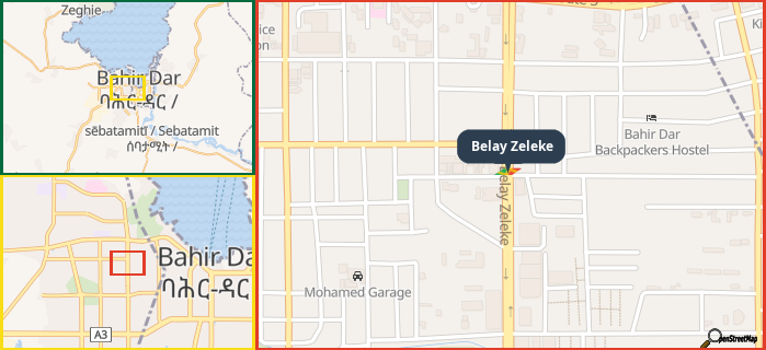 Map showing the address of Belay Zeleke in three different zoom levels.