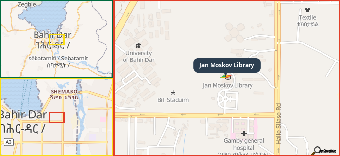 Map showing the address of Jan Moskov Library in three different zoom levels.