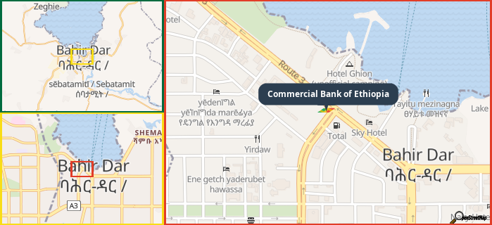 Map showing the address of Commercial Bank of Ethiopia in three different zoom levels.