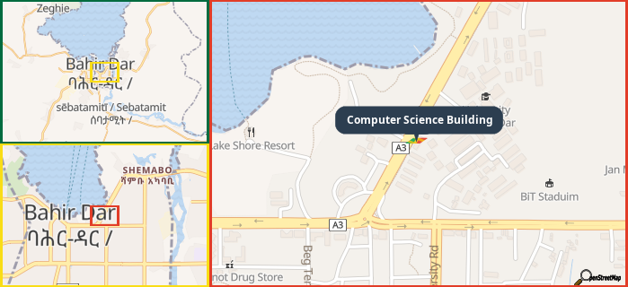 Map showing the address of Computer Science Building in three different zoom levels.