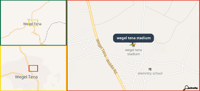Map showing the address of wegel tena stadium in three different zoom levels.