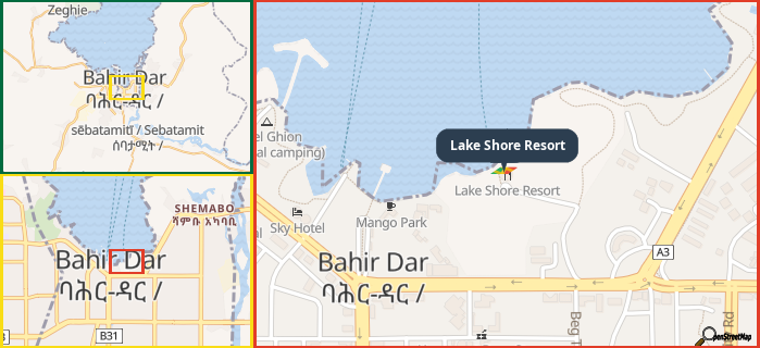 Map showing the address of Lake Shore Resort in three different zoom levels.