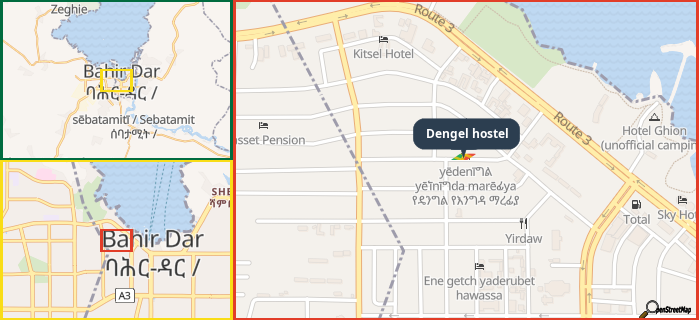 Map showing the address of Dengel hostel in three different zoom levels.