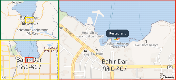 Map showing the address of Restaurant in three different zoom levels.