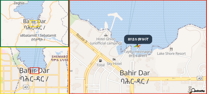 Map showing the address of ፀሃይቱ መዝናኛ in three different zoom levels.