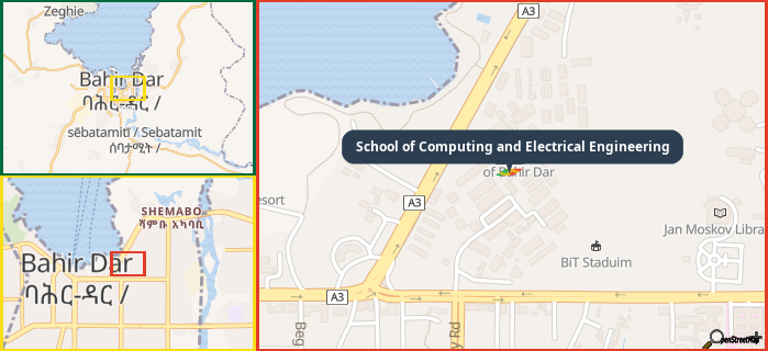 Map showing the address of School of Computing and Electrical Engineering in three different zoom levels.