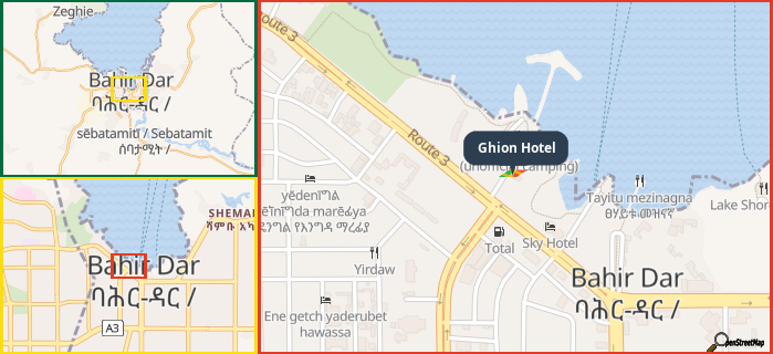 Map showing the address of Ghion Hotel in three different zoom levels.