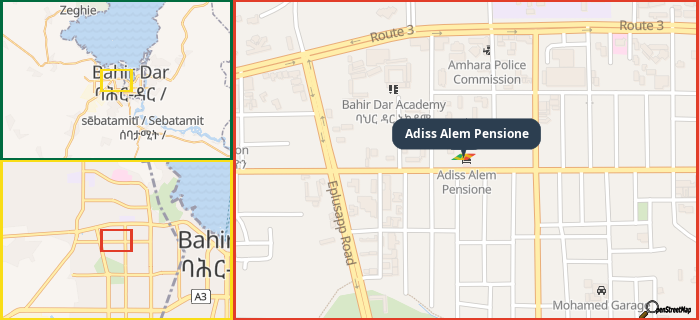 Map showing the address of Adiss Alem Pensione in three different zoom levels.