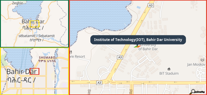 Map showing the address of Institute of Technology(IOT), Bahir Dar University in three different zoom levels.