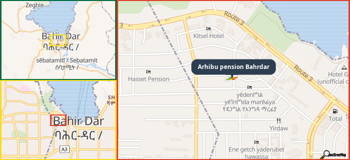 Map showing the address of Arhibu pension Bahrdar in three different zoom levels.