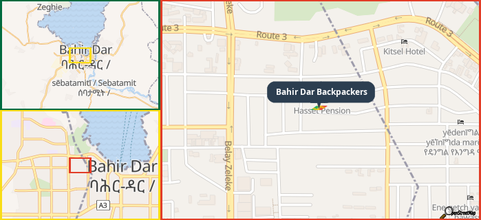 Map showing the address of Bahir Dar Backpackers in three different zoom levels.