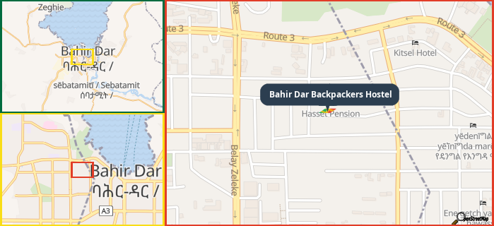 Map showing the address of Bahir Dar Backpackers Hostel in three different zoom levels.