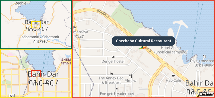 Map showing the address of Checheho Cultural Restaurant in three different zoom levels.