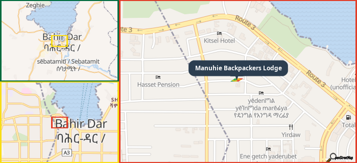 Map showing the address of Manuhie Backpackers Lodge in three different zoom levels.