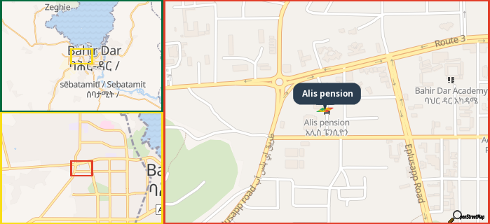 Map showing the address of Alis pension in three different zoom levels.