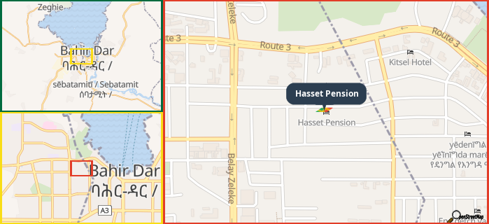 Map showing the address of Hasset Pension in three different zoom levels.