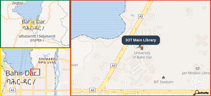 Map showing the address of IOT Main Library in three different zoom levels.